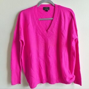 J Crew Brillant Pink V-Neck 100% Cashmere Oversized Sweater